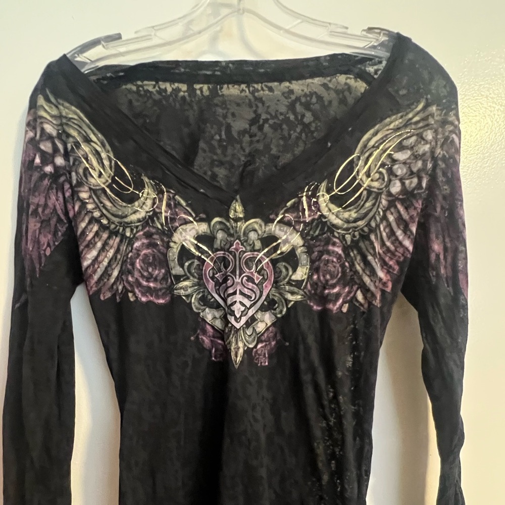 Y2K Gothic Emo Sheer VNeck LongSleeve AnimalPrint Top Rose Wing Print Gold Deet